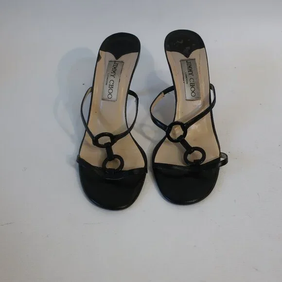 Womens Jimmy Choo Black Leather Strappy Slip-On Heels 37.5 US/7.5 - Picture 4 of 12